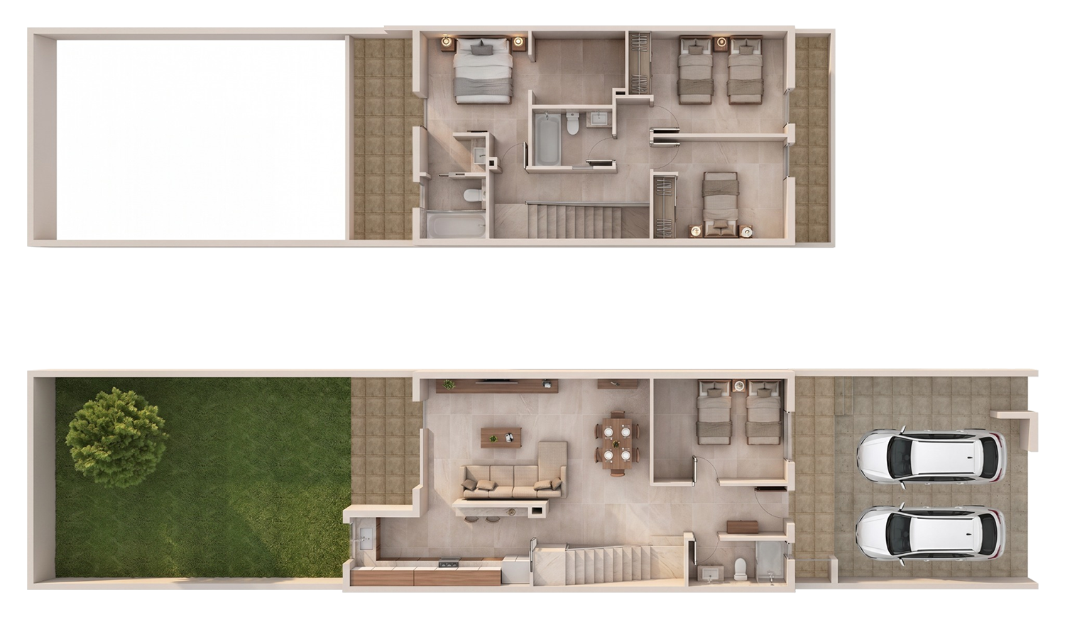 Distribución común de las viviendas V1, V2 y V3. Imagen 3D con planta sótano, planta baja y primera planta.